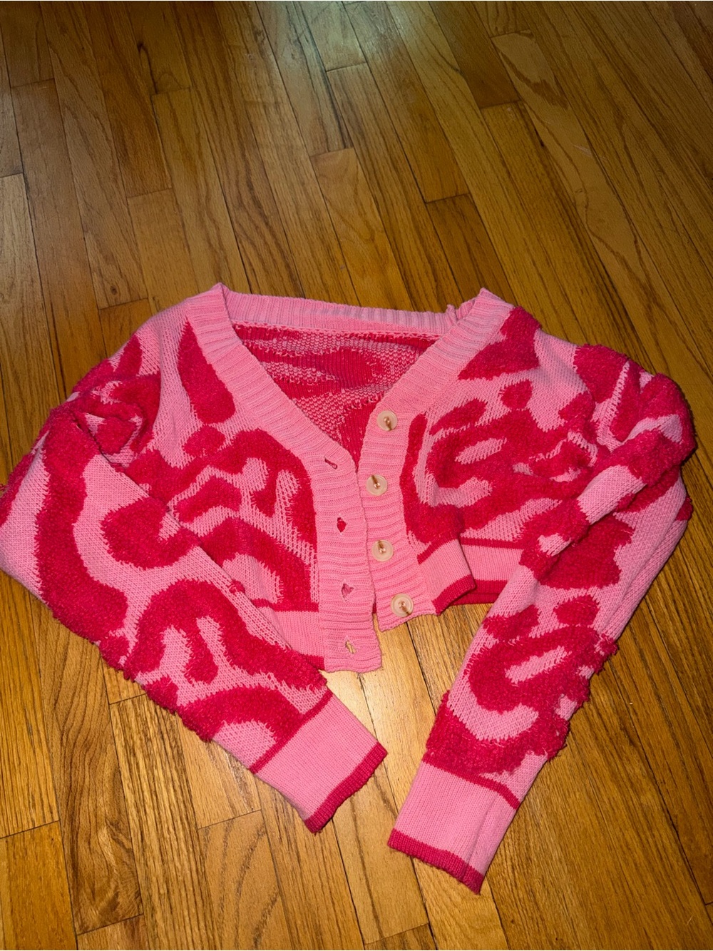 Pink Patterned V-Neck Cropped Sweater Cardigan